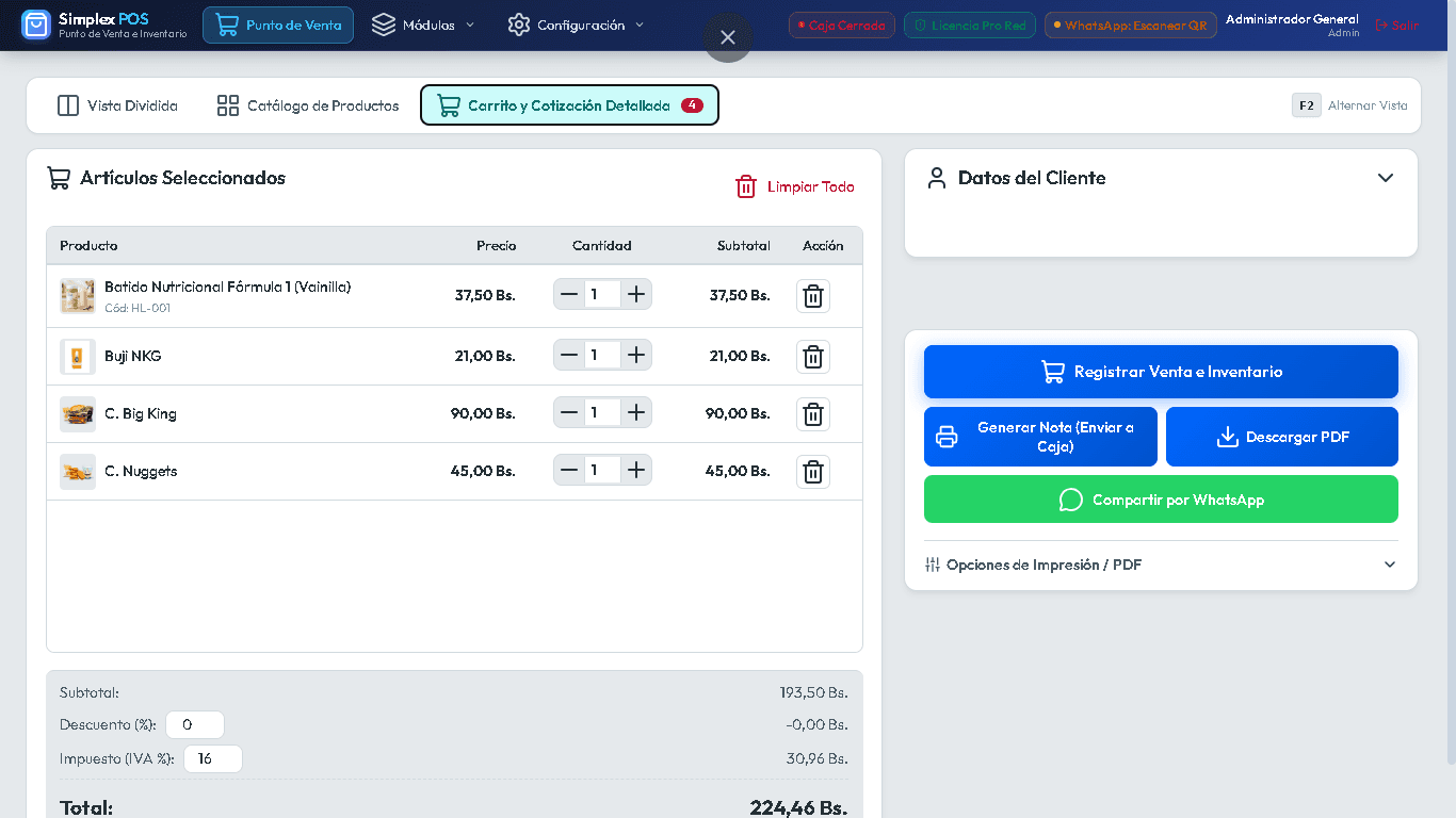 Pantalla de cobro y cotización del Sistema de Ventas Simplex POS